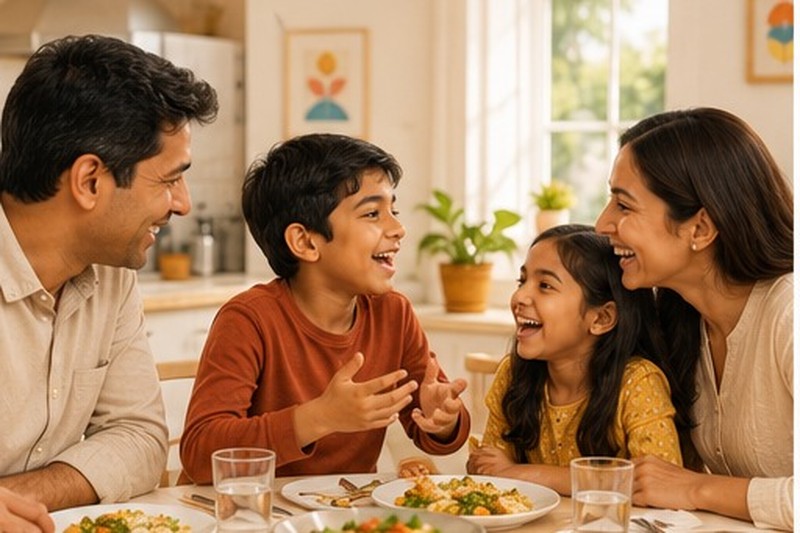A young Indian girl at a family dinner, pausing mid-conversation with a thoughtful expression