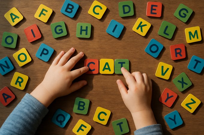 Overhead view of a child's hands arranging colourful letter tiles to spell the word CAT, surrounded by scattered alphabet tiles