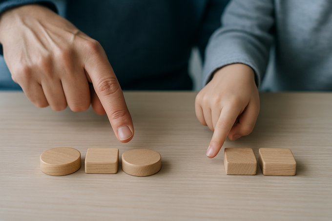 An adult's hand and a child's hand both pointing at a sequence of wooden shapes on a table, mid-conversation about what comes next
