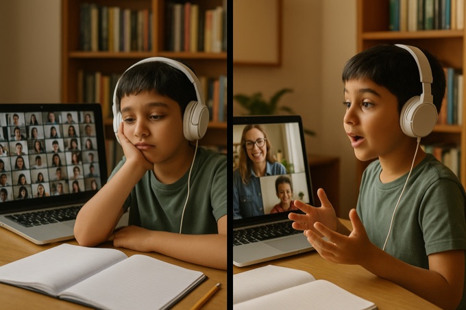 Contrast between a child on mute in a large online class and the same child engaged and speaking in a small three-person video call