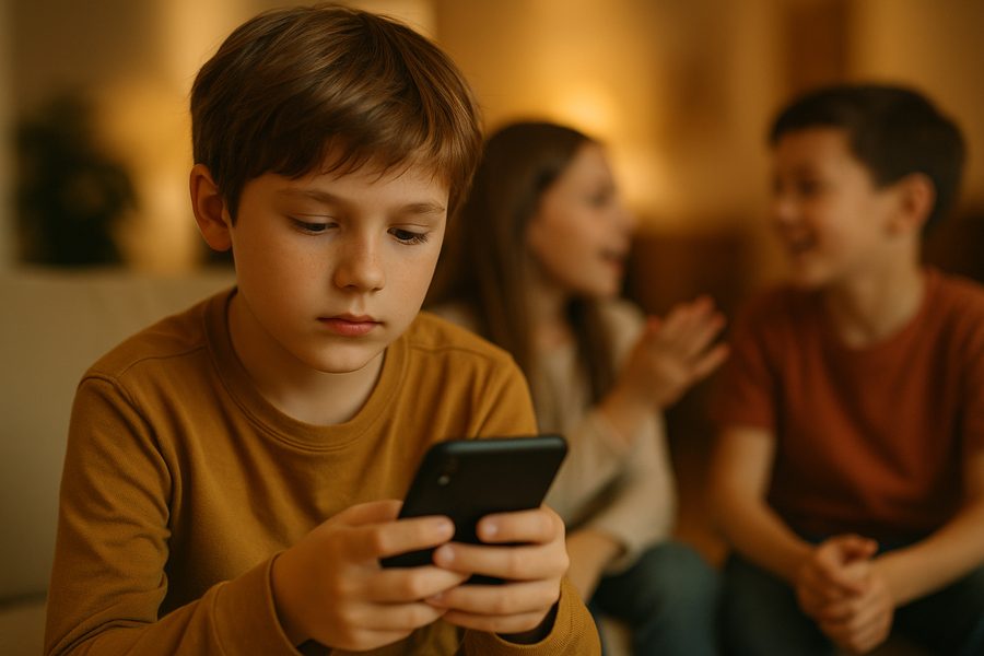 Child on phone while other kids socialize — the screen time gap HOSS bridges