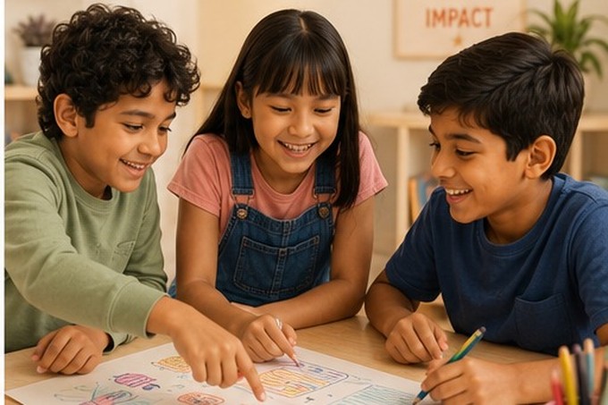 Three children at a table pointing at a shared drawing titled "Our Idea", all delighted and colouring together