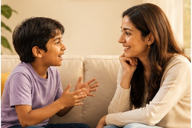 A mother and daughter at the dinner table — the girl explaining something, the mother listening