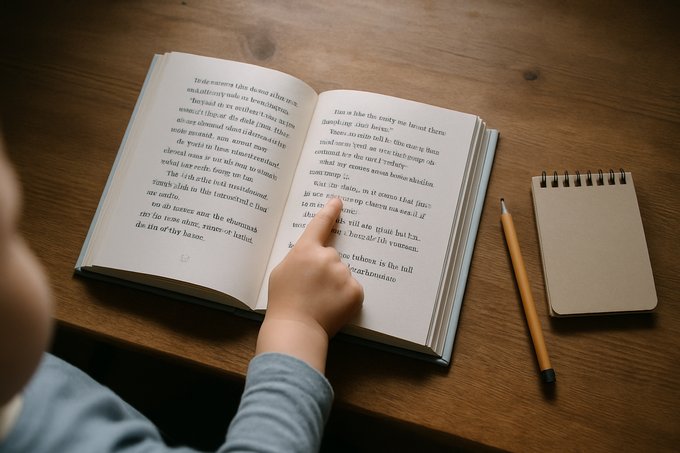 Overhead view of a child's hand pointing at a word in an open storybook on a wooden desk, notebook and pencil beside it