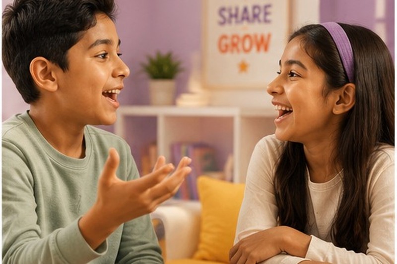 Two young Indian children at a small table, one speaking animatedly while the other listens intently